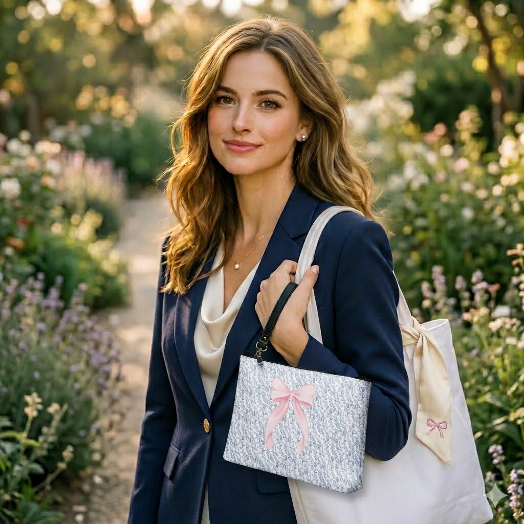 Blue Vintage Botanical Crossbody Sling Bag with Pink Bow – Cottagecore Floral Shoulder Purse