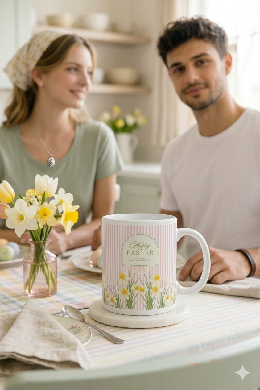 Happy Easter Floral Glossy Mug – Vintage Daffodil Stripe Design | Spring Gift Coffee Cup | Botanical Easter Mug