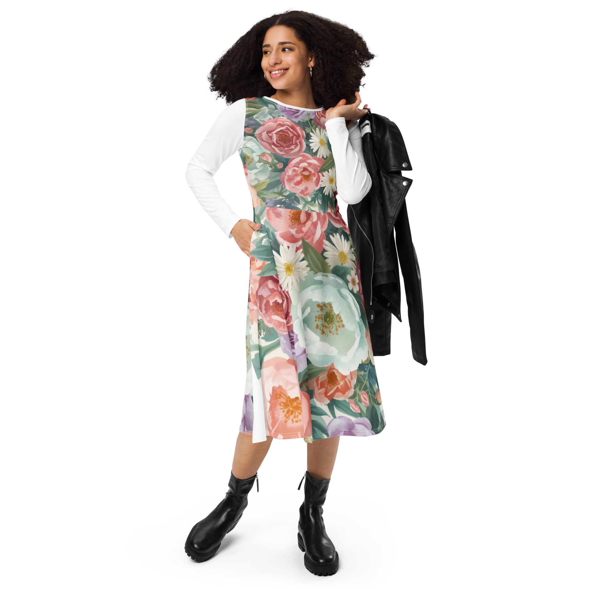 cassandra floral long sleeve midi dress WAYF Cassandra Floral Long Sleeve Midi Dress in Olive Shadow at Nordstrom Rack, Size X-Small