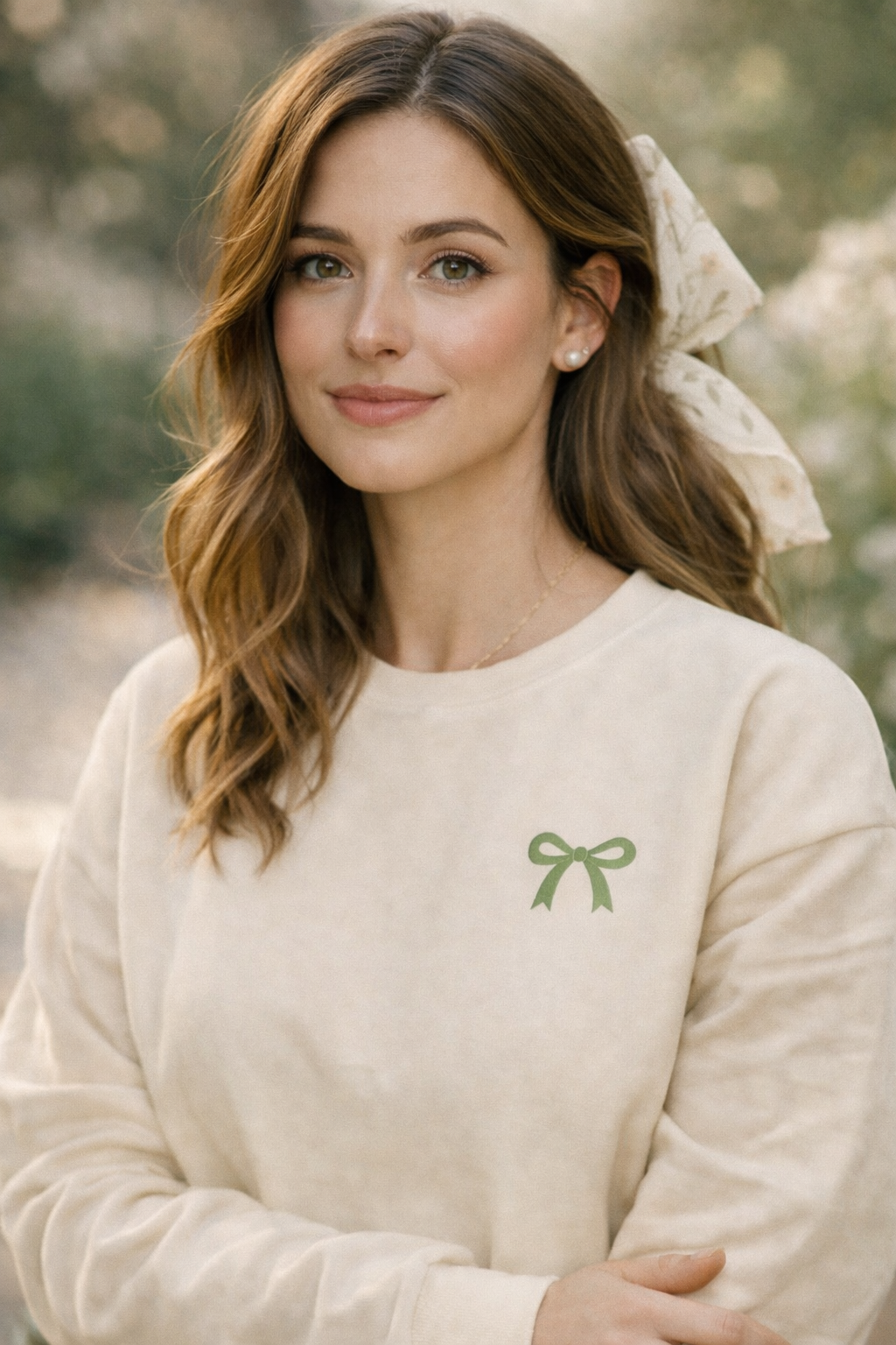 Premium Sage Green Bow Embroidery Long Sleeve Shirt – Heavyweight, Luxury Casual Wear